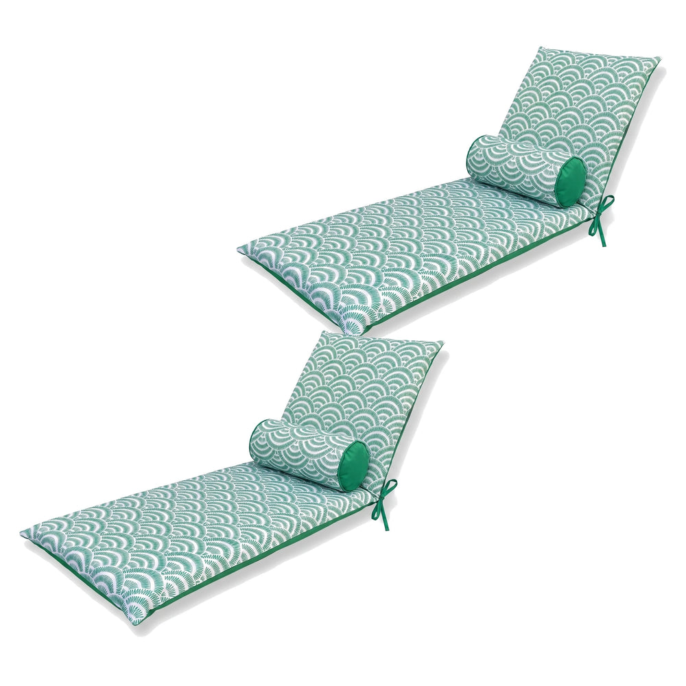 Conjunto de 2 colchões de espreguiçadeira 195x60, Padrão Leques Verdes, com os 2 rolos, em fundo branco