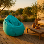 Pouf extérieur déhoussable et imperméable Déco Arts Bleu Caraïbes, pouf poire XL 110x120, garni de billes.