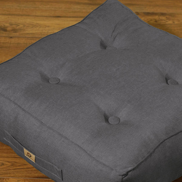 Deux coussins de sol gris chiné effet lin, épais 18cm, idéal pour pouf d'intérieur, design élégant et haut de gamme.