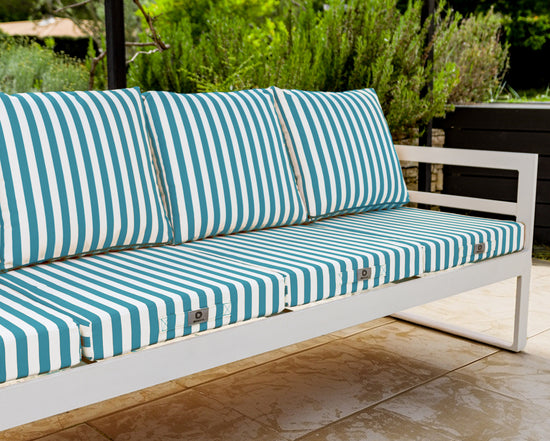 Coussins pour salon de jardin déhoussable 50x50cm - Rayure Turquoise - Deco-arts.fr