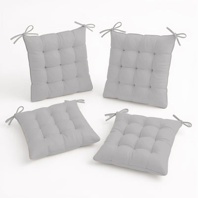 Coussin pour fauteuils et canapés, lot de 4 galettes de chaise 40x40 cm gris clair, déperlantes avec attaches, pour intérieur et extérieur