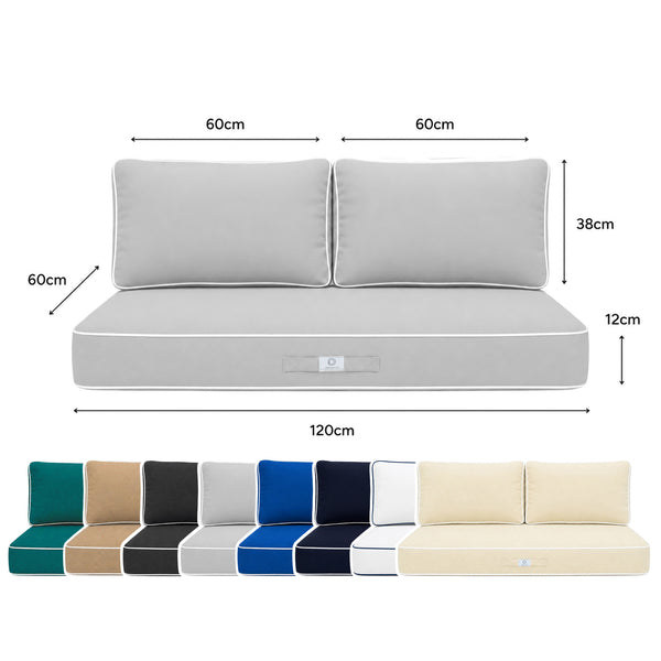 Premium Cushion Set 120x60 Light Grey - 1 Seat + 2 Backrests (Thick 12cm & Passepoil)