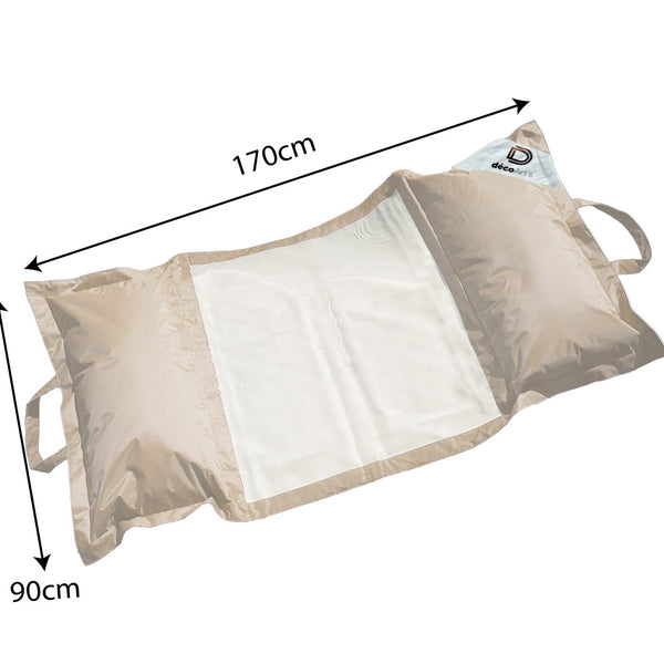 Pouf flottant beige pour piscine XXL 170x90, matelas hamac à billes, pouf extérieur confortable pour adultes.