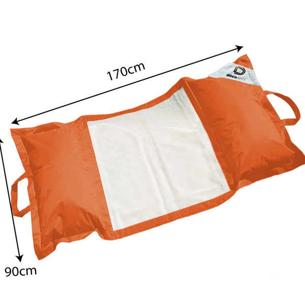 Pouf flottant de piscine XXL orange de Deco-arts.fr, matelas hamac à billes pour détente en extérieur, grande taille 170x90 cm.