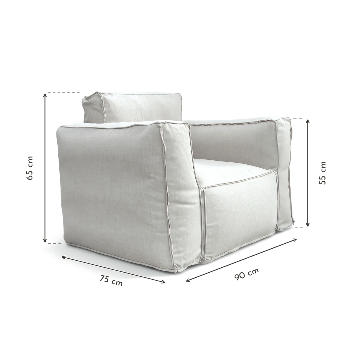 Modularer Gartensessel 90x75 Kieselgrau - Olefin-Stoff & Aufblasbarer Kern (Pumpe inklusive) – Maßzeichnung