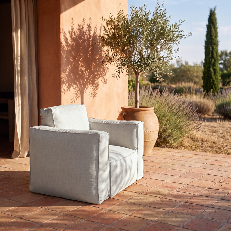 Modularer Gartensessel 90x75 Kieselgrau - Olefin-Stoff & Aufblasbarer Kern (Pumpe inklusive)