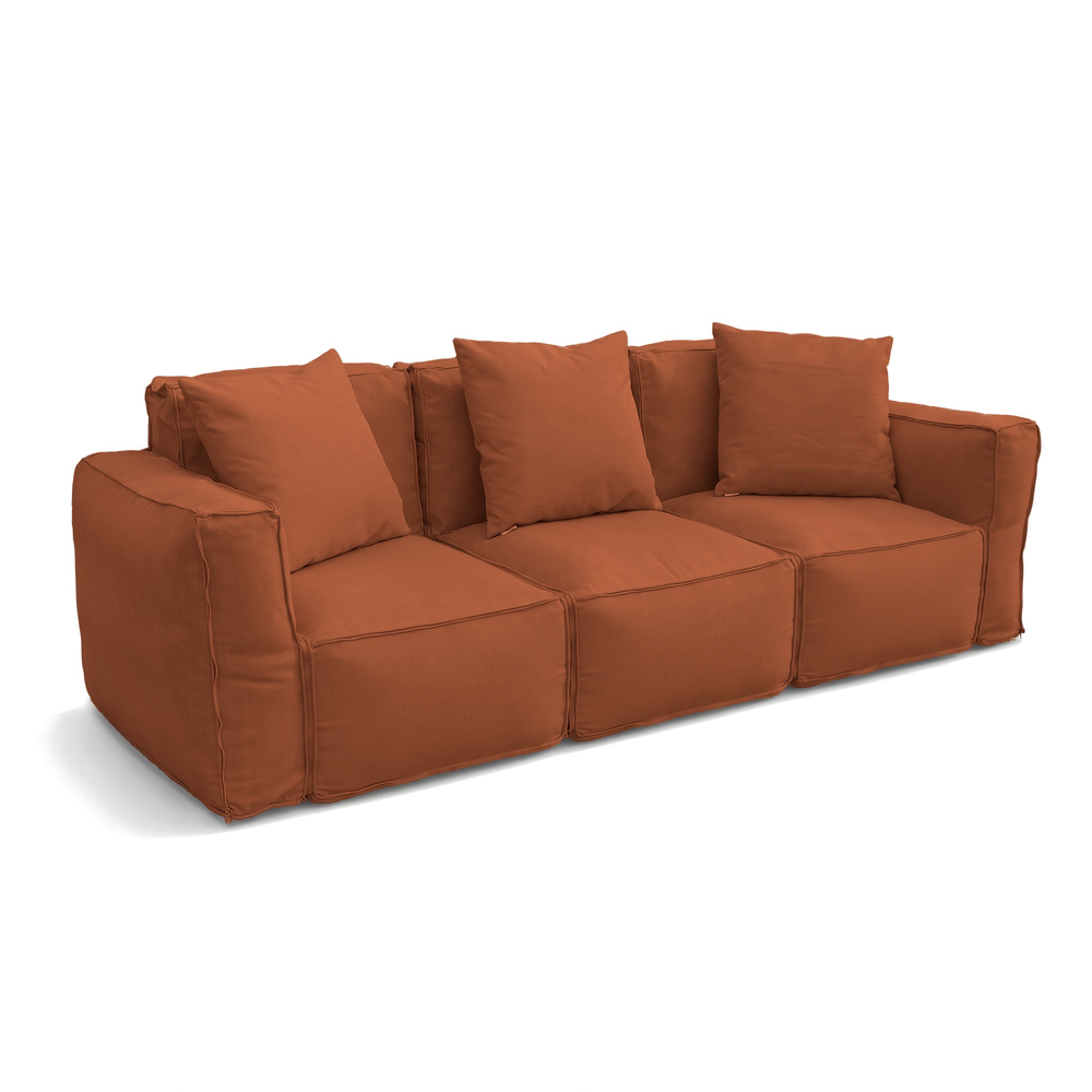 Três poltronas modulares Terracota unidas por fecho num sofá de 3 lugares