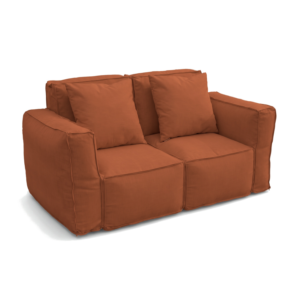 Duas poltronas modulares Terracota unidas por fecho num sofá de 2 lugares