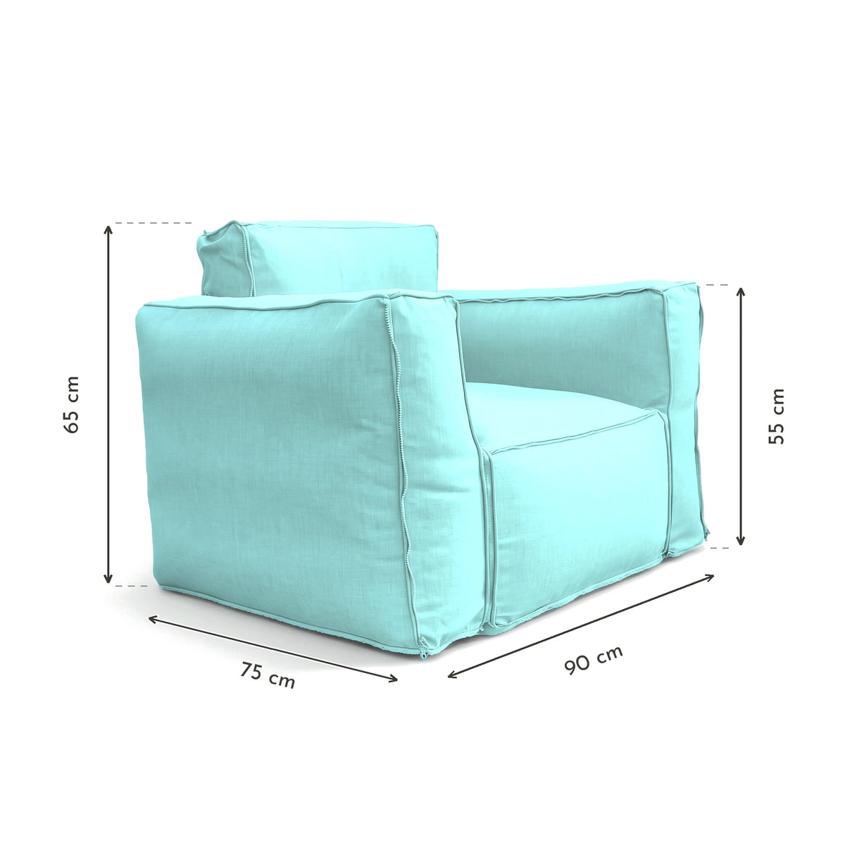 Modularer Gartensessel 90x75 Karibikblau - Olefin-Stoff & Aufblasbarer Kern (Pumpe inklusive) – Maßzeichnung