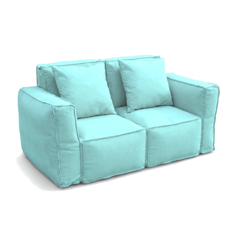 Zwei modulare Sessel in Karibikblau, per Reißverschluss zu einem 2-Sitzer-Sofa verbunden