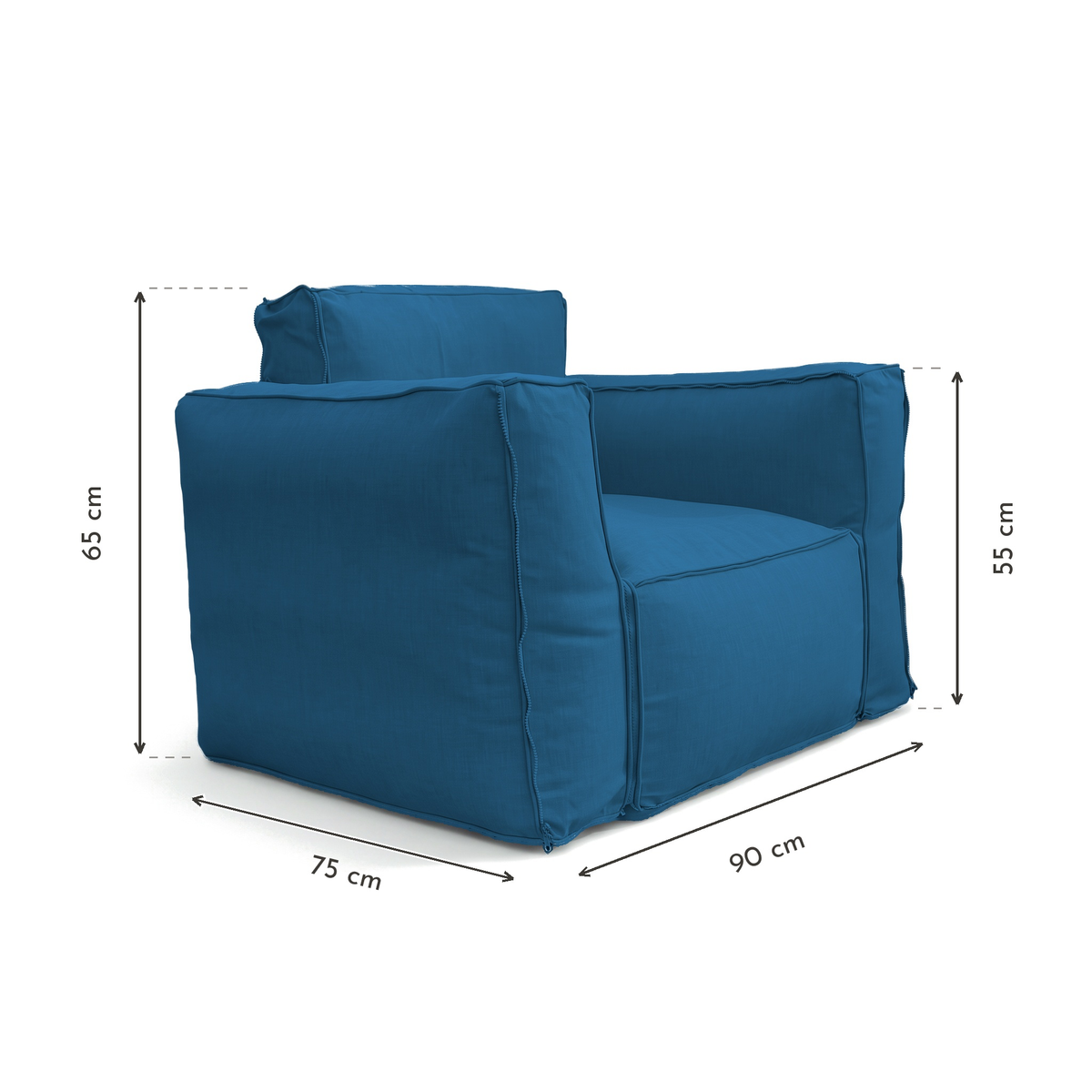 Modularer Gartensessel 90x75 Petrolblau - Olefin-Stoff & Aufblasbarer Kern (Pumpe inklusive) – Maßzeichnung