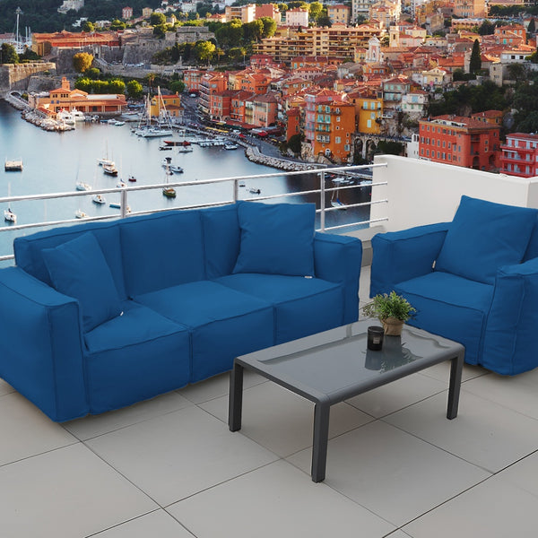 Coussin pour fauteuil modulable de jardin bleu pétrole, tissu Olefin, avec cœur gonflable et pompe incluse, pour confort extérieur.