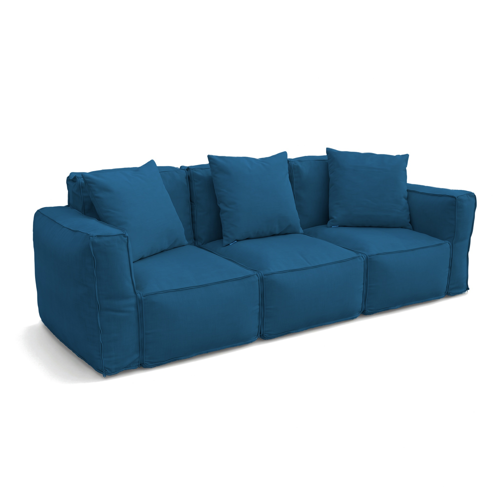 Drei modulare Sessel in Petrolblau, per Reißverschluss zu einem 3-Sitzer-Sofa verbunden