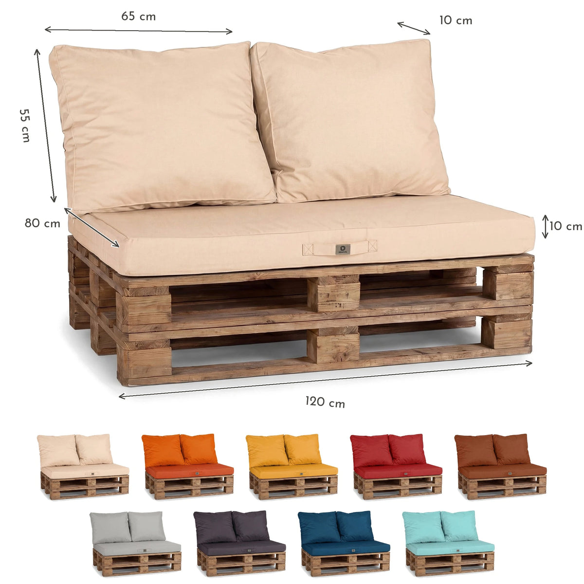 Palletkussenset met afneembare hoes 120x80 Beige Clair - Waterdicht & Extérieur (1 Zitting + 2 Rugleuningen) – maattekening
