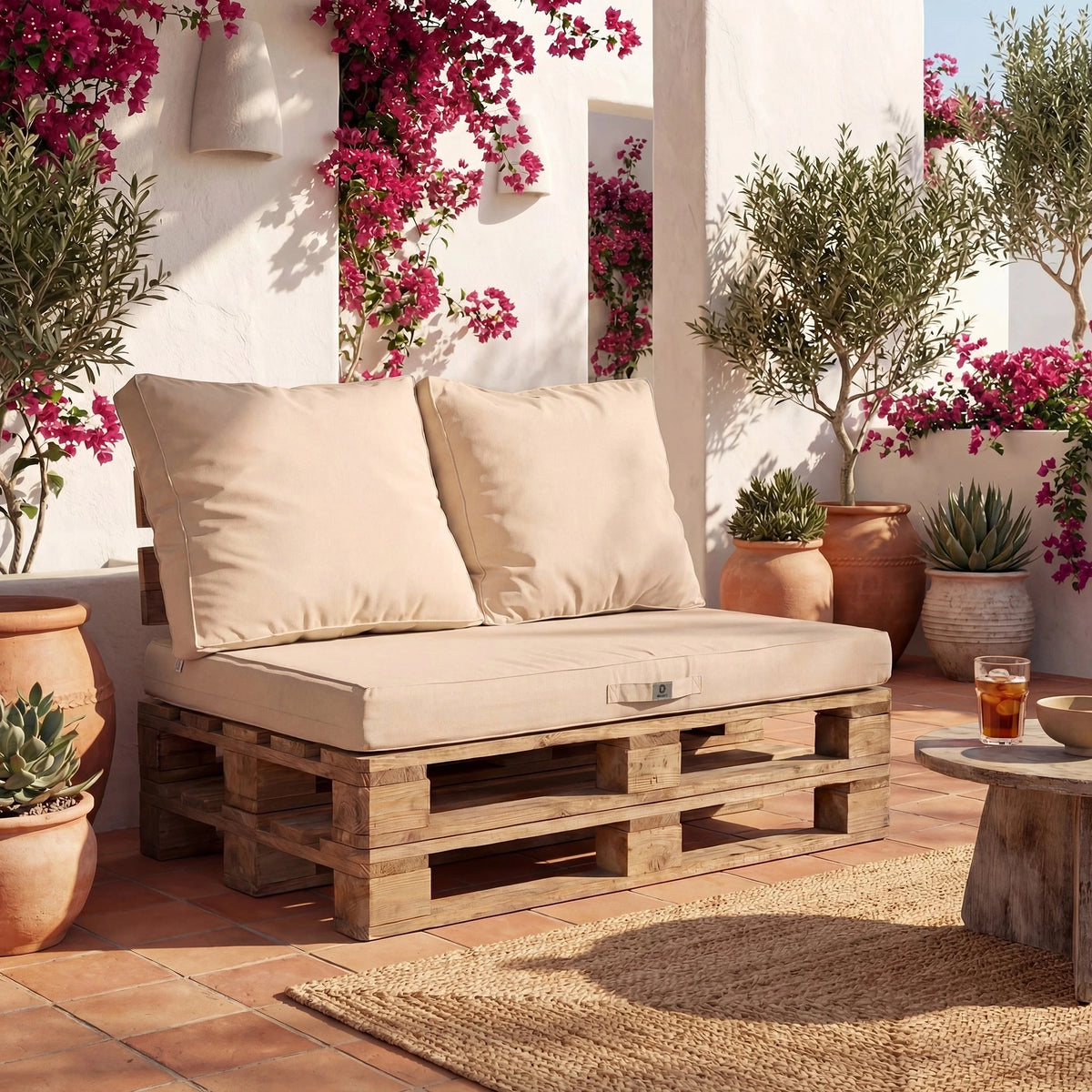 Palletkussenset met afneembare hoes 120x80 Beige Clair – Waterdicht & Extérieur (1 Zitting + 2 Rugleuningen)