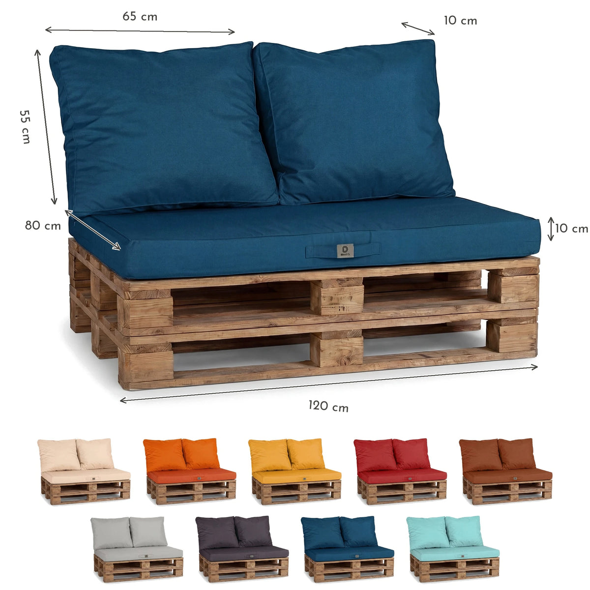 Removable Cover Pallet Cushion Set 120x80 Petrol Blue - Waterproof & Extérieur (1 Seat + 2 Backrests) – dimension diagram