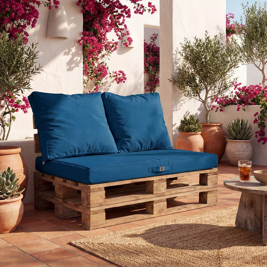 Palettenkissen-Set mit abnehmbarem Bezug 120x80 Petrolblau - Wasserdicht & Extérieur (1 Sitzfläche + 2 Rückenlehnen)