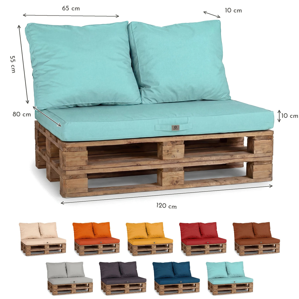Palletkussenset met afneembare hoes 120x80 Caribisch Blauw - Waterdicht & Extérieur (1 Zitting + 2 Rugleuningen) – maattekening