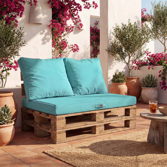 Palettenkissen-Set mit abnehmbarem Bezug 120x80 Karibikblau - Wasserdicht & Extérieur (1 Sitzfläche + 2 Rückenlehnen)