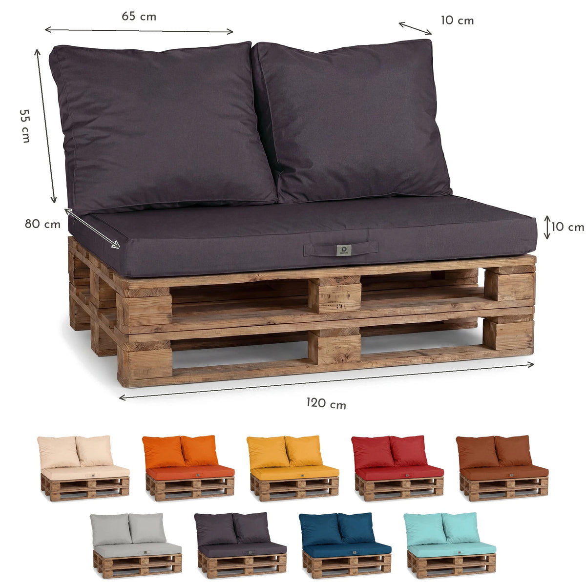 Palletkussenset met afneembare hoes 120x80 Koolstofgrijs - Waterdicht & Extérieur (1 Zitting + 2 Rugleuningen) – maattekening