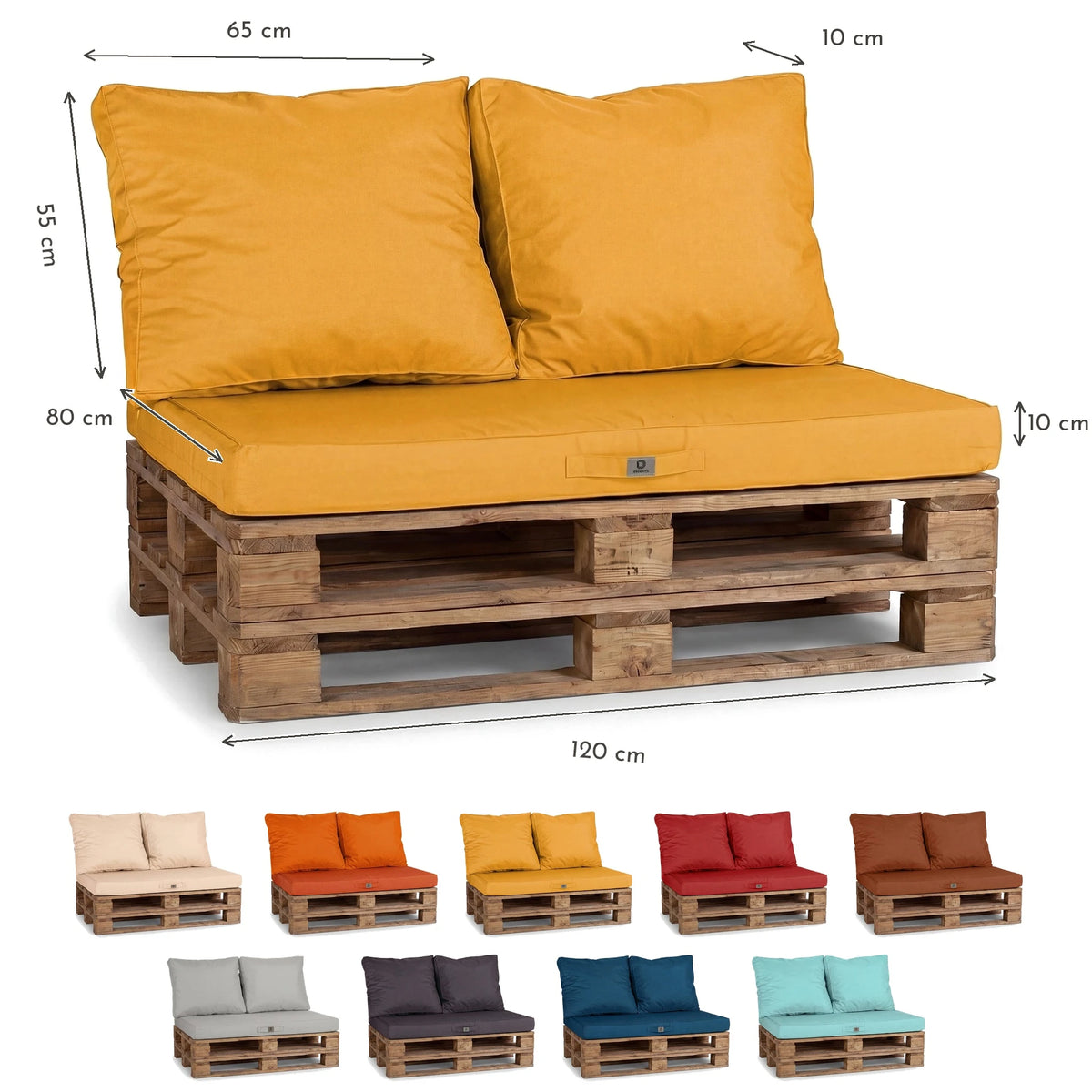 Kit Coussins Palette Déhoussable 120x80 Jaune - Imperméable & Extérieur (1 Assise + 2 Dossiers) – schéma coté