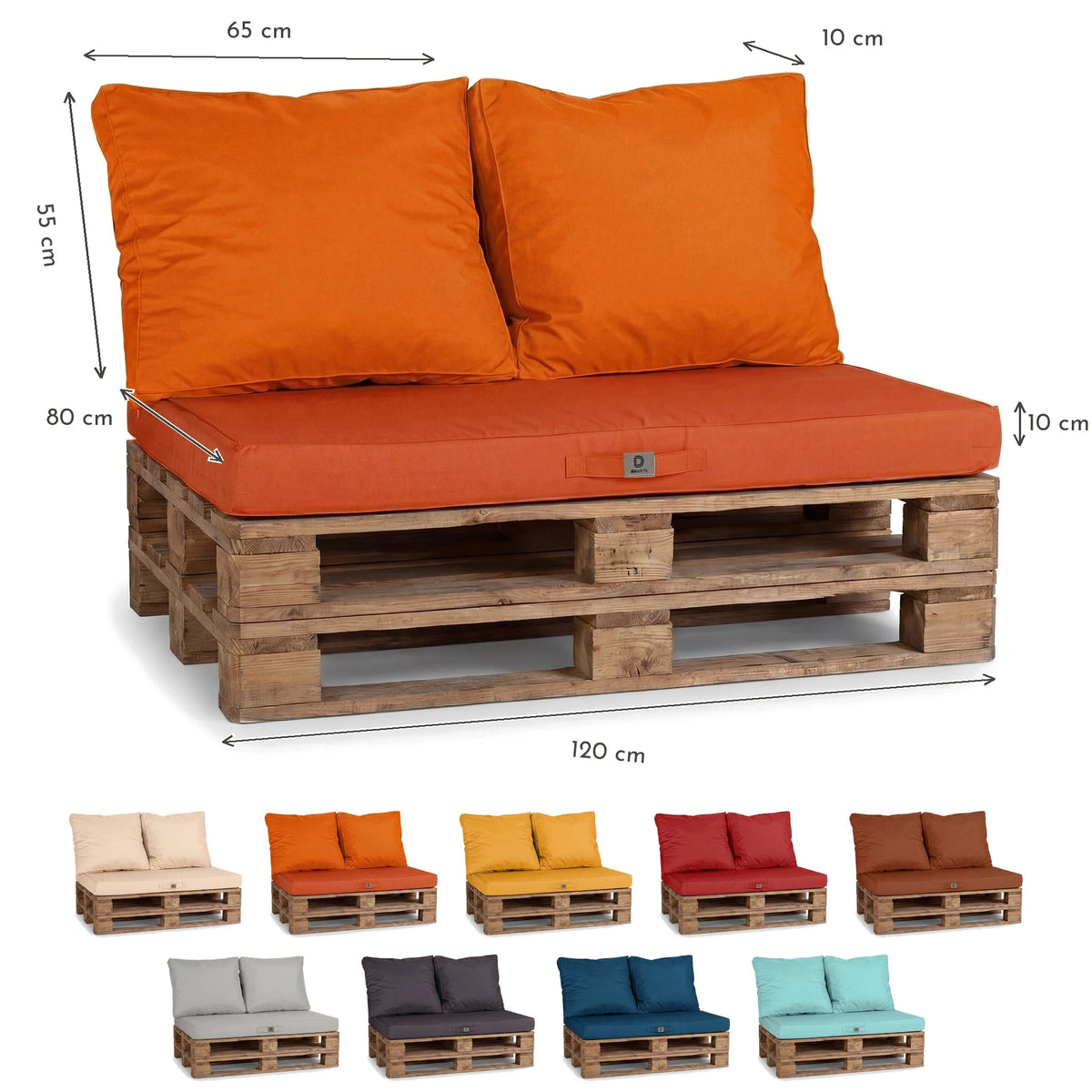 Palettenkissen-Set mit abnehmbarem Bezug 120x80 Orange - Wasserdicht & Extérieur (1 Sitzfläche + 2 Rückenlehnen) – Maßzeichnung