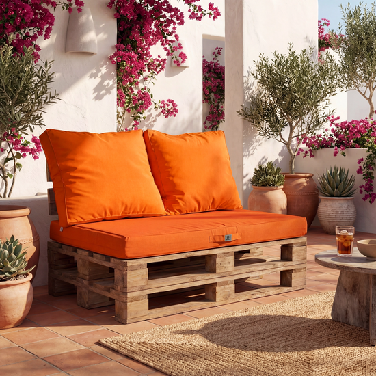 Palettenkissen-Set mit abnehmbarem Bezug 120x80 Orange - Wasserdicht & Extérieur (1 Sitzfläche + 2 Rückenlehnen)