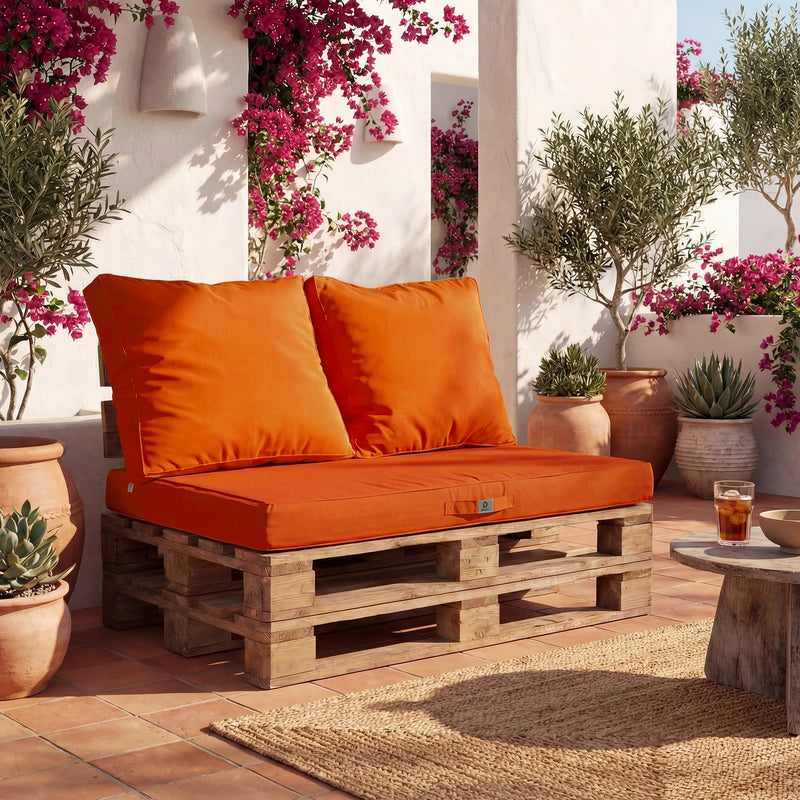 Palettenkissen-Set mit abnehmbarem Bezug 120x80 Orange - Wasserdicht & Extérieur (1 Sitzfläche + 2 Rückenlehnen)