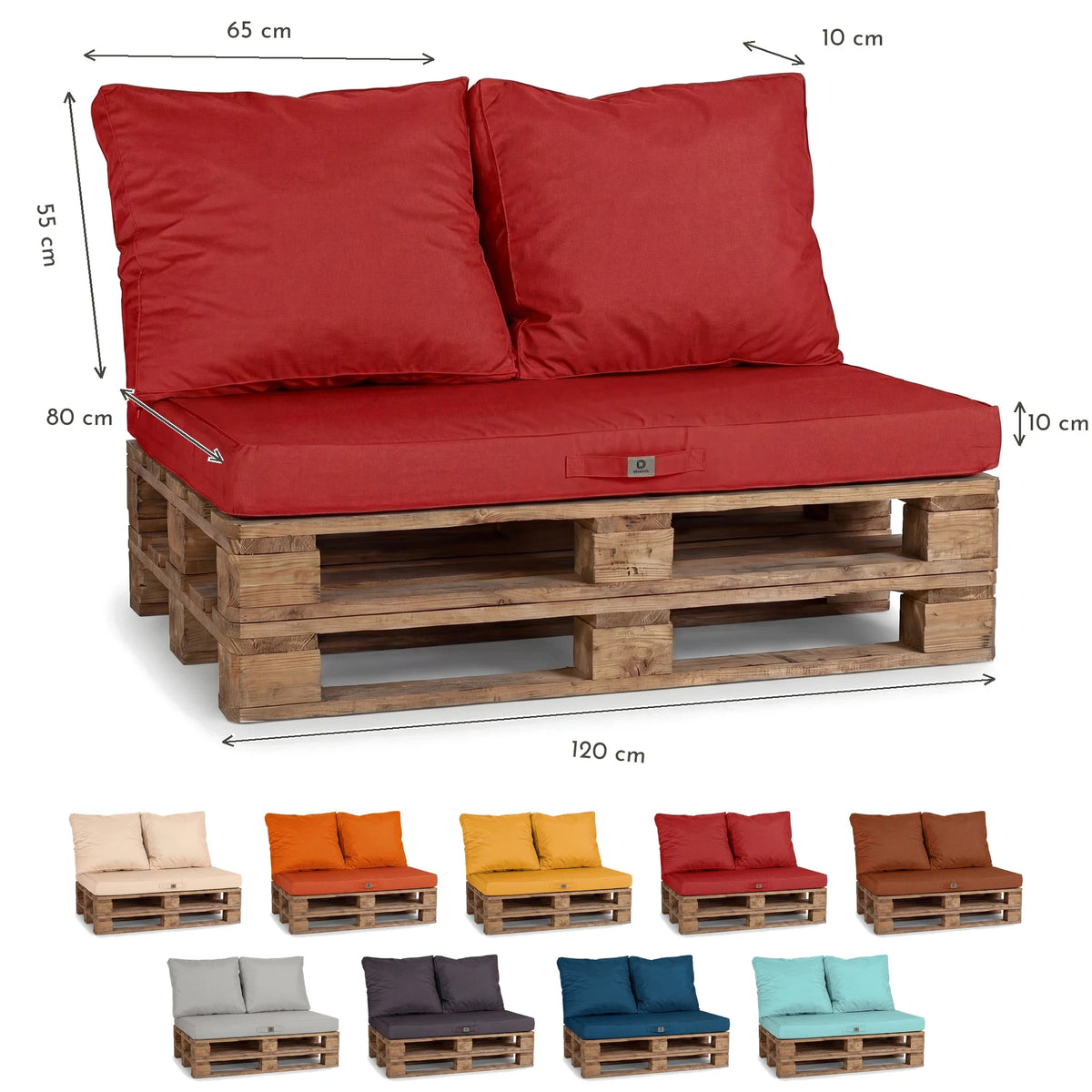 Kit Coussins Palette Déhoussable 120x80 Rouge Piment - Imperméable & Extérieur (1 Assise + 2 Dossiers) – schéma coté