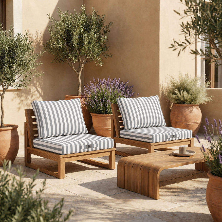 Ensemble Coussins Salon Jardin 50x50 Rayure Gris Clair - Premium 270g (Assise + Dossier)