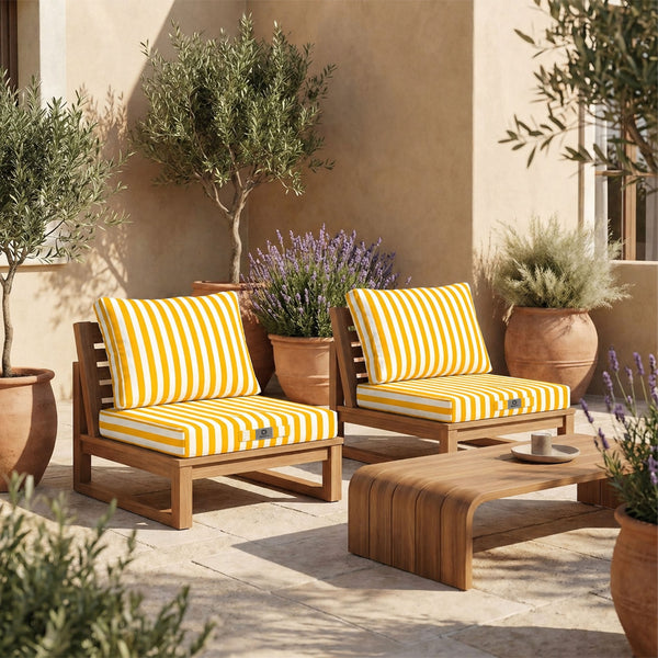 Ensemble Coussins Salon Jardin 50x50 Rayure Jaune - Premium 270g (Assise + Dossier)