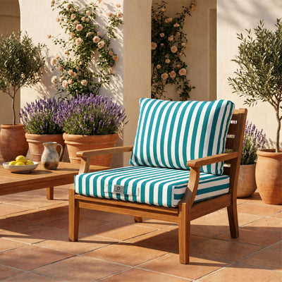Ensemble Coussins Salon Jardin 60x60 Rayure Turquoise - Premium 270g (Assise + Dossier)