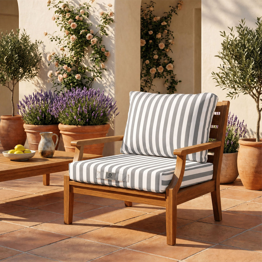 Ensemble Coussins Salon Jardin 60x60 Rayure Gris Clair - Premium 270g (Assise + Dossier)