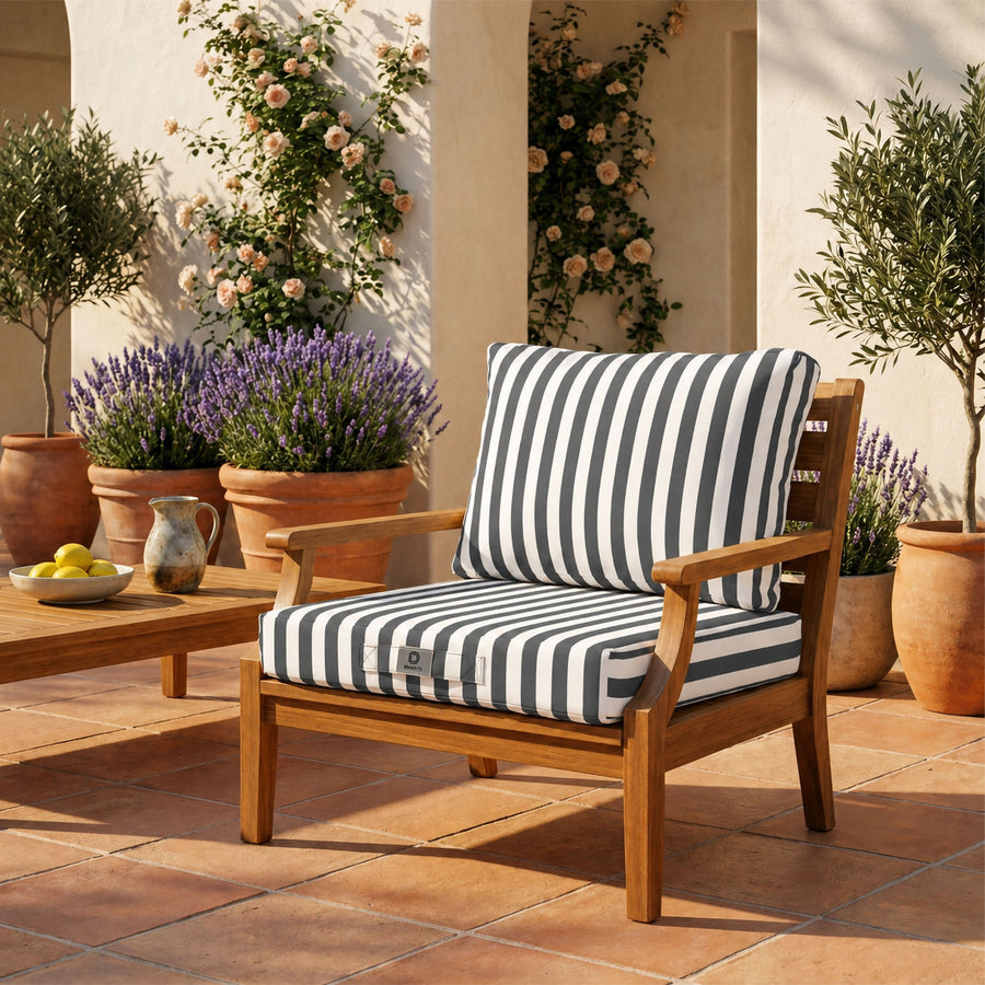 Tuinlounge kussenset 60x60 Donkergrijze strepen - Premium 270g (Zitting + Rugleuning)