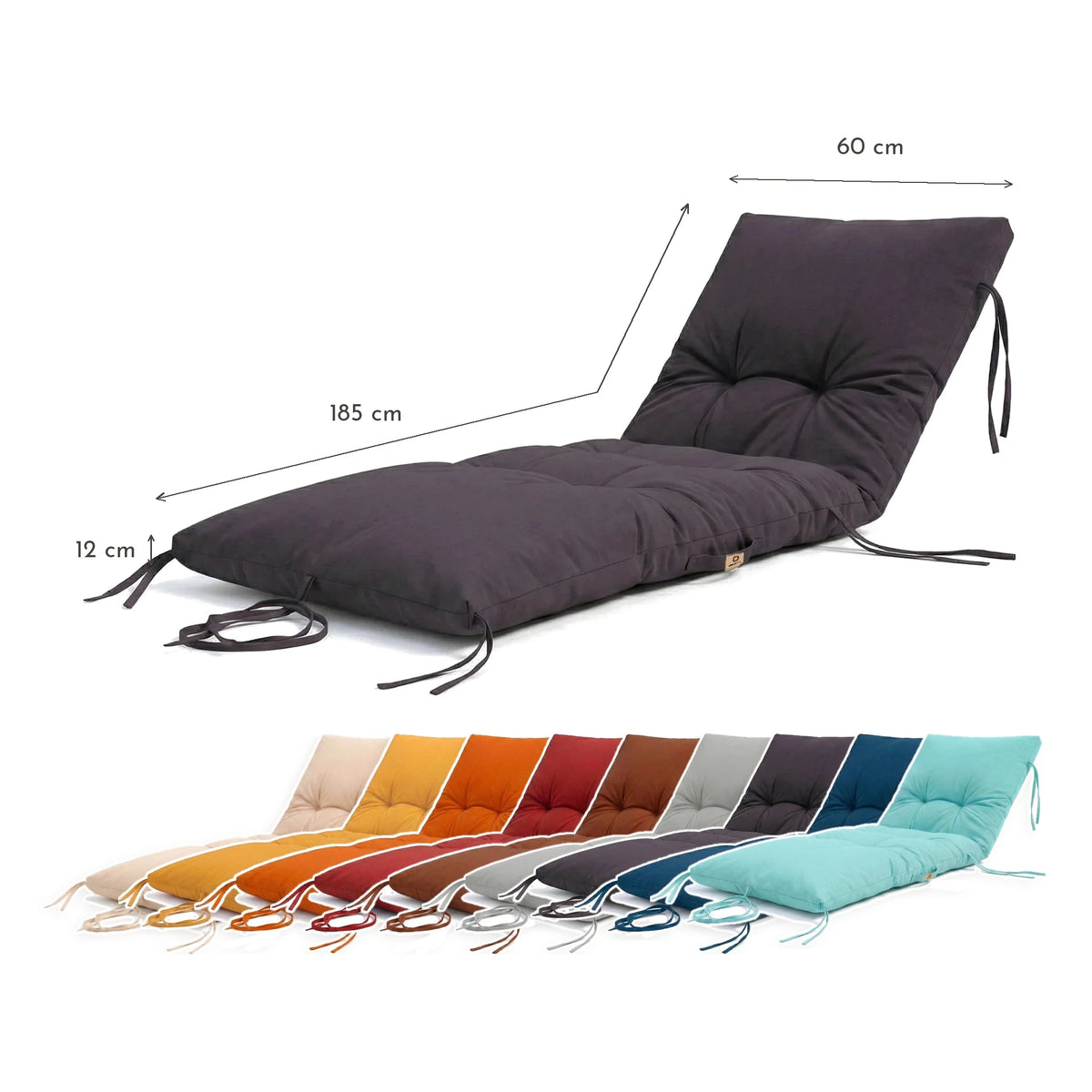 Colchão para Espreguiçadeira 185x60 Cinzento Carbono - Espesso 12cm & Impermeável – esquema com medidas
