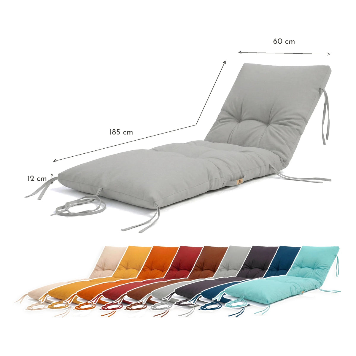 Matelas Bain de Soleil 185x60 Gris Galet - Épais 12cm & Imperméable – schéma coté