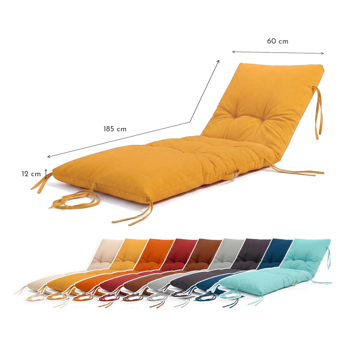 Matelas Bain de Soleil 185x60 Jaune Miel - Épais 12cm & Imperméable – schéma coté