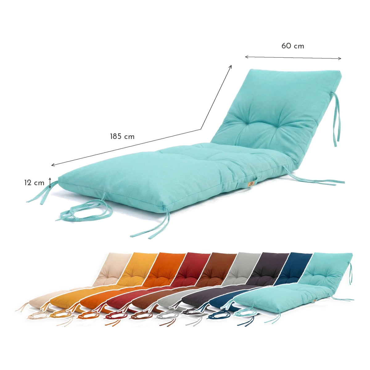 Matelas Bain de Soleil 185x60 Bleu Caraïbes - Épais 12cm & Imperméable – schéma coté