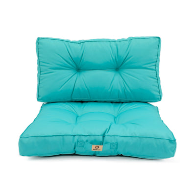 Ensemble de coussins capitonnés bleu Caraïbes pour fauteuils et canapés, épais 15cm et moelleux, pour assise et dossier.