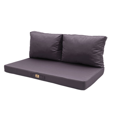 Ensemble de coussins de salon jardin gris carbone, déhoussables et anti-UV, pour fauteuils et canapés, comprenant 1 assise et 2 dossiers.