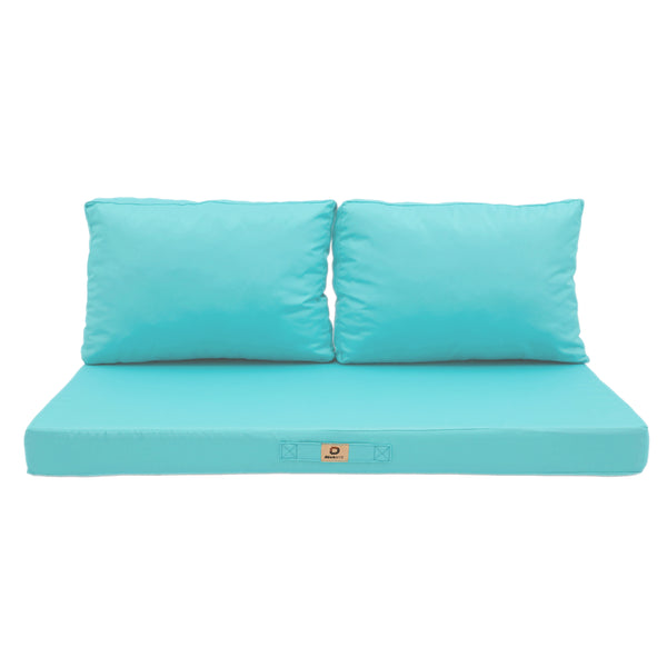 Ensemble de 3 coussins de salon de jardin bleu Caraïbes, déhoussables et anti-UV, pour fauteuils et canapés.