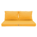 Ensemble de coussins pour salon de jardin jaune, déhoussables et anti-UV, comprenant 1 assise et 2 dossiers, pour fauteuils et canapés.