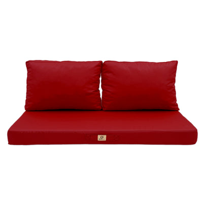 Ensemble de coussins de salon de jardin rouge Deco-arts.fr, déhoussables et anti-UV, pour fauteuils et canapés.