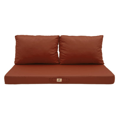 Ensemble de 3 coussins pour salon de jardin terracotta, déhoussables et anti-UV, pour fauteuils et canapés.