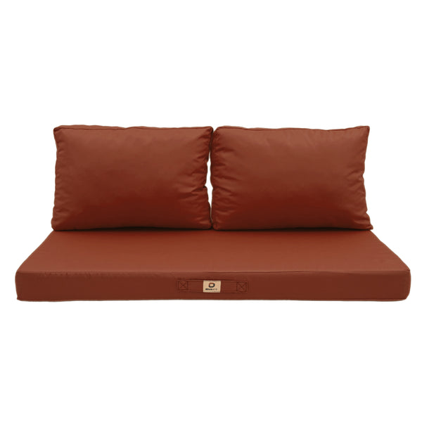 Ensemble de 3 coussins pour salon de jardin terracotta, déhoussables et anti-UV, pour fauteuils et canapés.