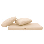 Ensemble de coussins beige pour salon jardin 120x60cm, déhoussables et anti-UV, pour fauteuils et canapés.