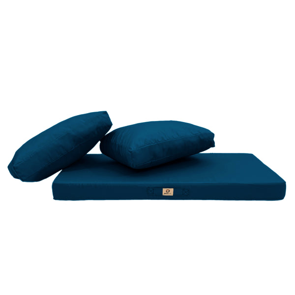 Ensemble de coussins salon jardin 100x50 cm en bleu pétrole, déhoussables et anti-UV pour fauteuils et canapés.