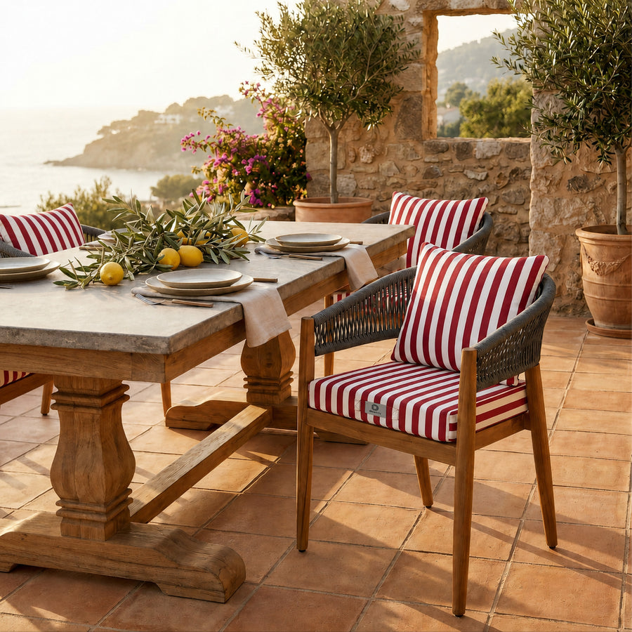 Ensemble Coussins Chaise Jardin 40x40 Rayure Rouge - Premium 270g (Assise + Dossier)