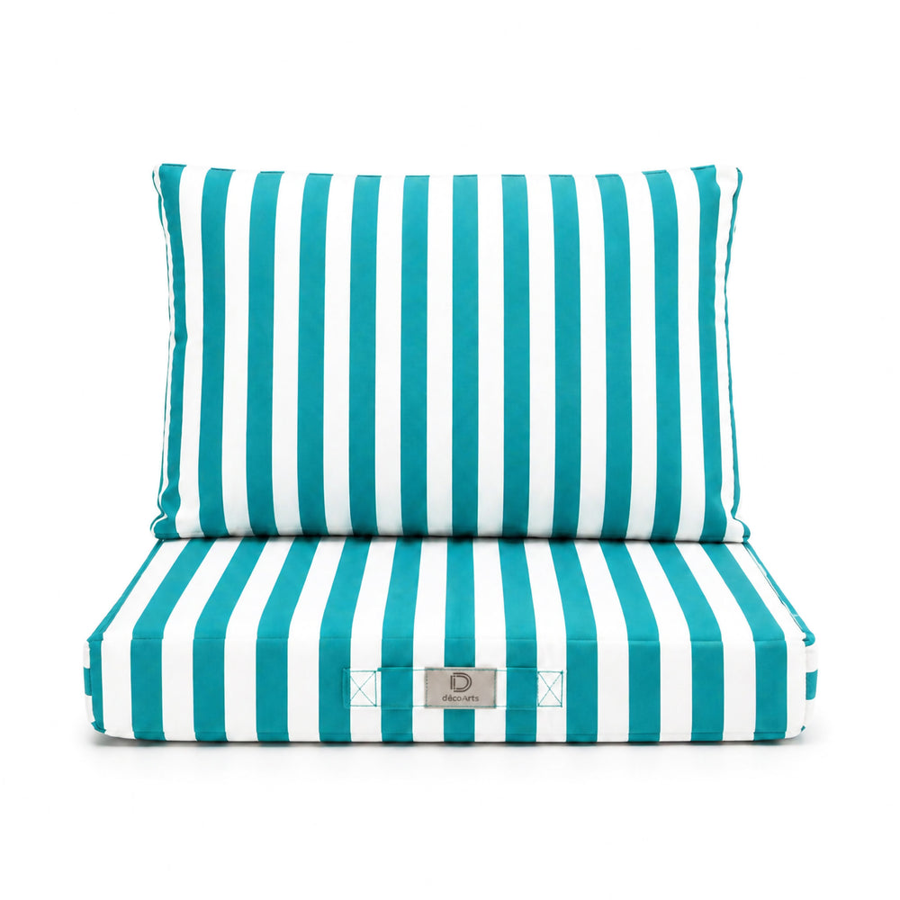 Ensemble Coussins Salon Jardin 50x50 Rayure Turquoise, tissu anti-UV et déperlant