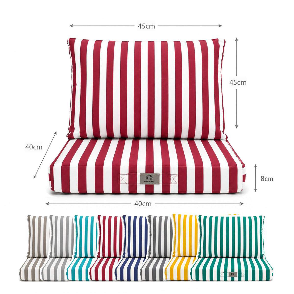 Ensemble Coussins Chaise Jardin 40x40 Rayure Rouge - Premium 270g (Assise + Dossier) – dimension diagram